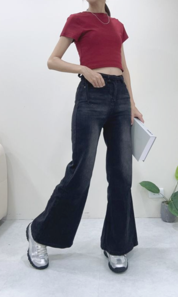 大腿友善彈力刷色喇叭褲(S~XL) 藍 黑 