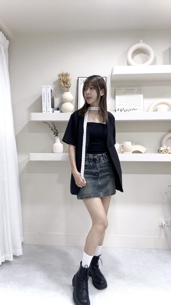 韓妞短袖西裝外套（附蕾絲繞脖）杏 藍 黑 