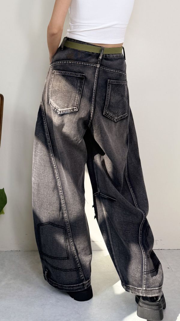 個性刷破彎刀褲 