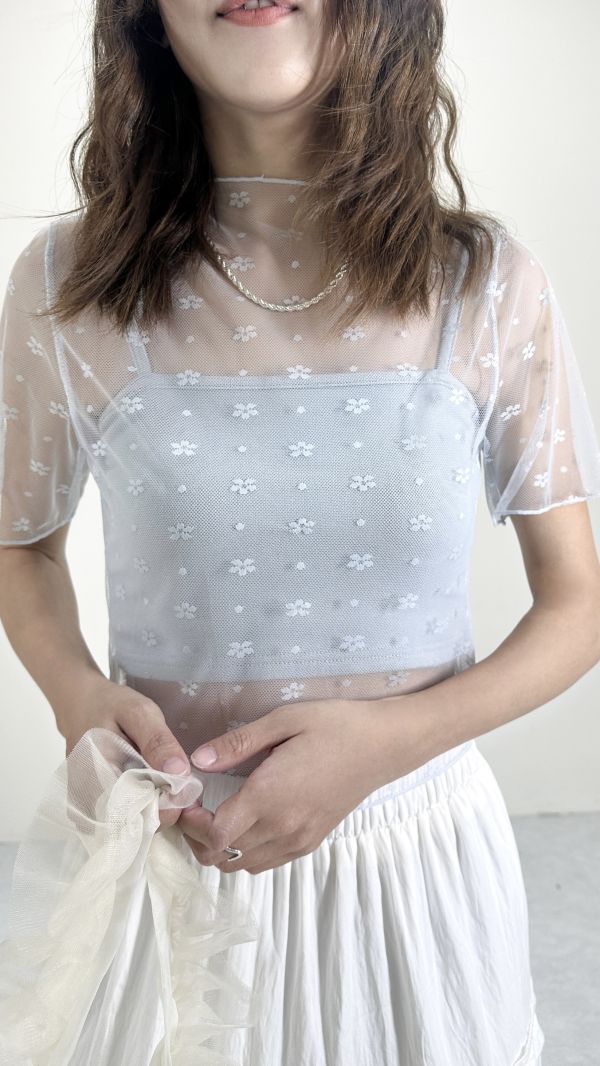短袖彈力小花內搭 白 杏 藍 黑 