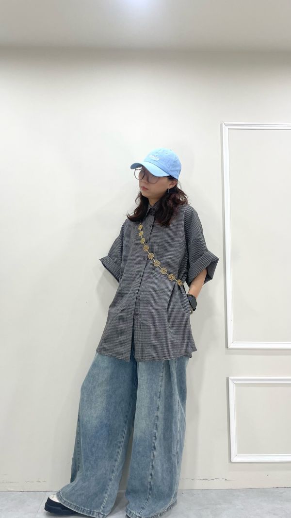格子泡泡短袖襯衫 鐵灰/杏 