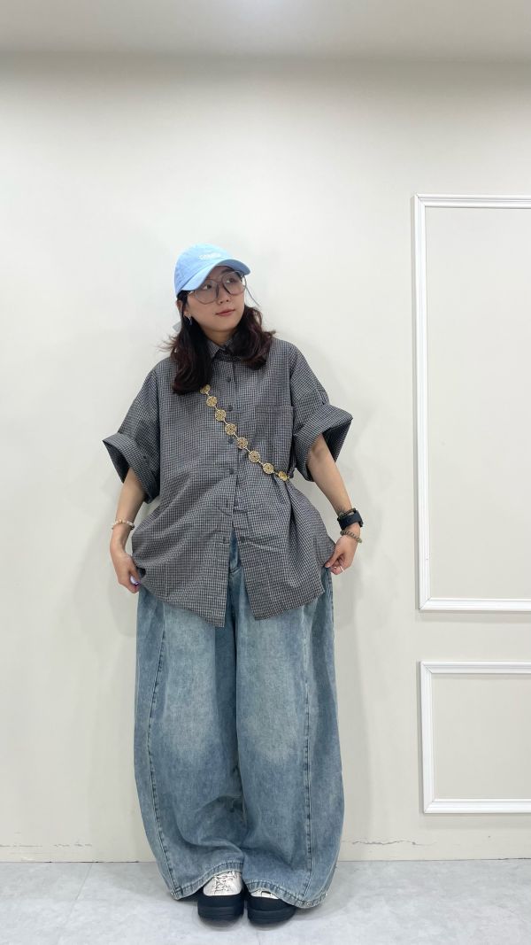 格子泡泡短袖襯衫 鐵灰/杏 
