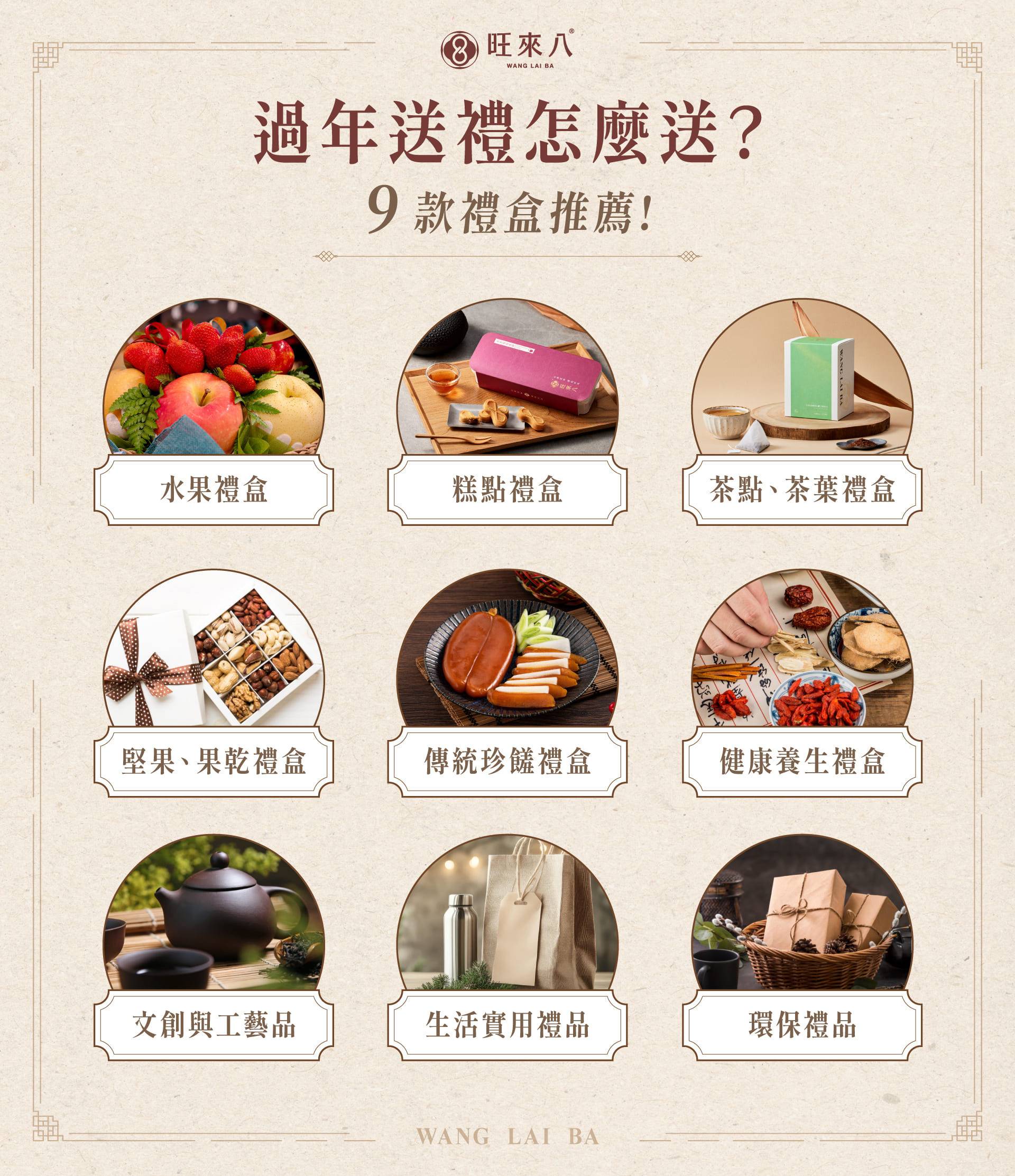 過年送禮 9 種禮盒推薦:水果禮盒、糕點禮盒、茶點禮盒、堅果禮盒、傳統珍饈禮盒、健康養生禮盒、文創與工藝品、生活實用禮品、環保禮品