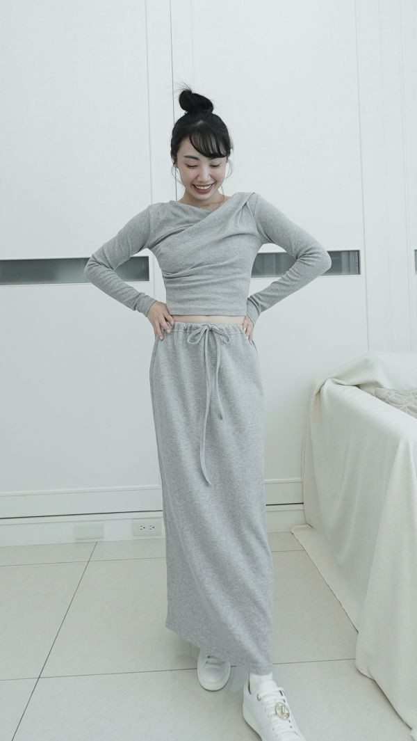 (現貨)韓國製-休閒百搭棉質長裙（淺灰） 