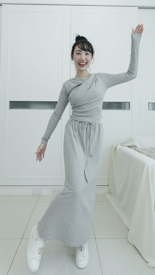 (現貨)韓國製-休閒百搭棉質長裙（淺灰） 