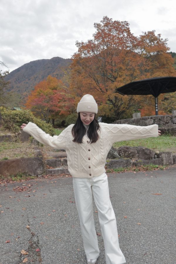 (現貨)韓國製-木紋釦羊駝毛Ｖ領麻花針織外套（米白） 