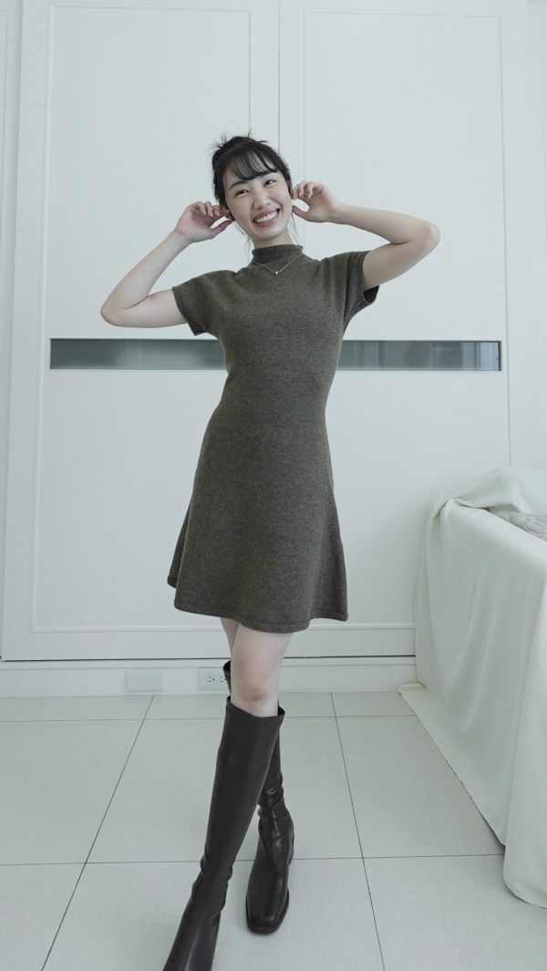 (現貨)韓國製-高級剪裁羊毛微高領洋裝（深咖） 