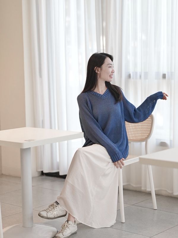 韓國製-日本和紙慵懶感針織衫（克萊因藍） 