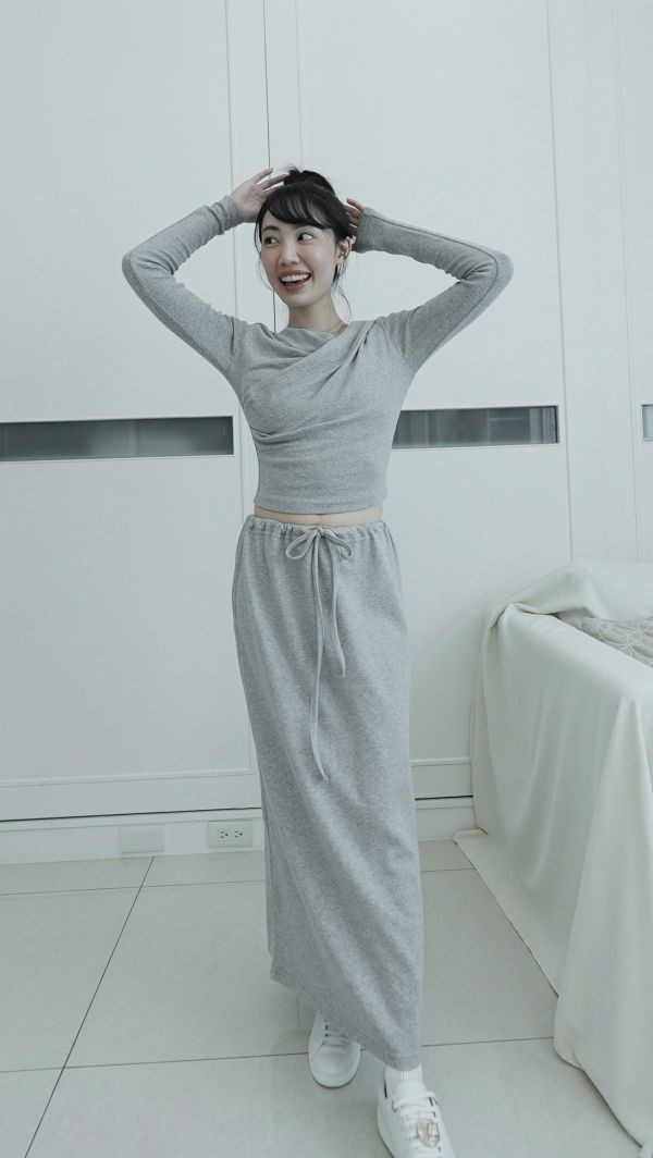 (現貨)韓國製-休閒百搭棉質長裙（淺灰） 