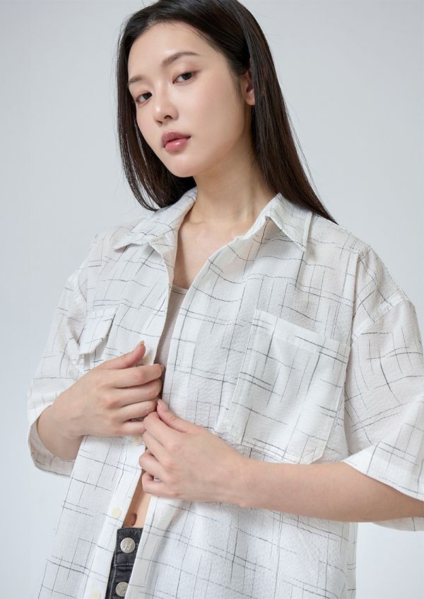 口袋格紋短袖襯衫 