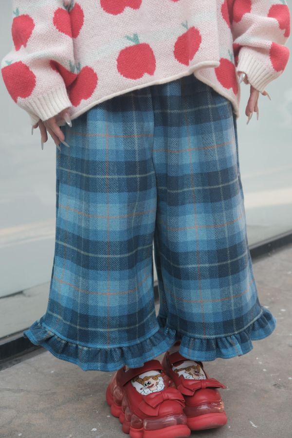 蘇打泡泡格紋花邊七分褲 