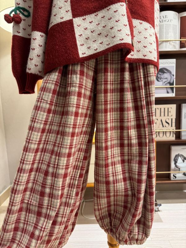 紅色復古格紋褲 
