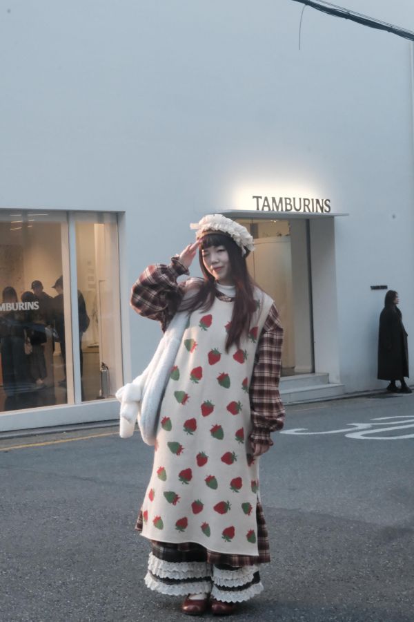 小紅莓格紋長洋裝 