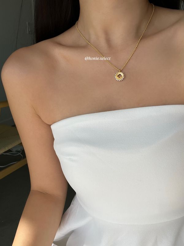 Kate Spade 新款鏤空珍珠邊圓形黑桃項鍊 