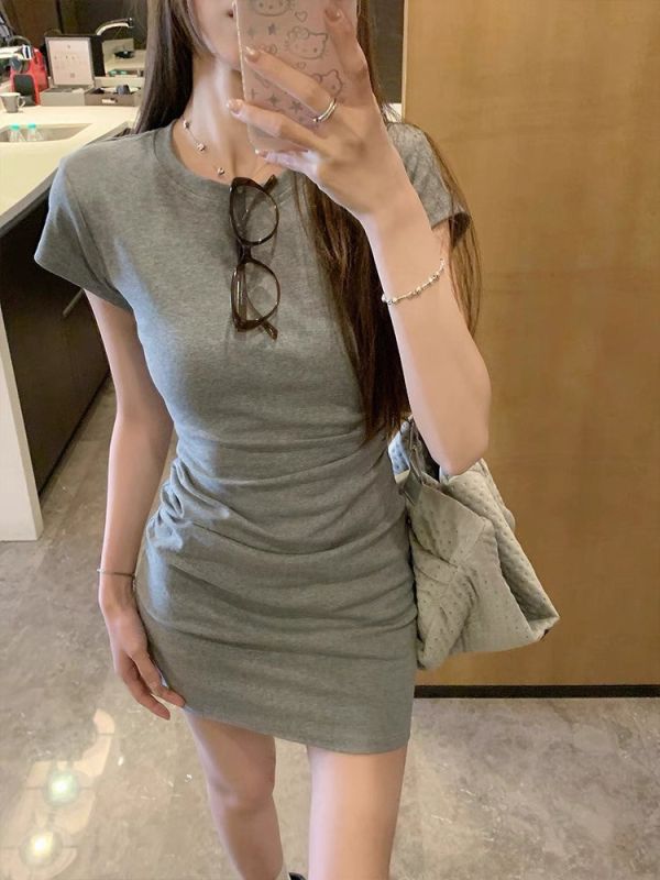 U領抓皺連身短裙 