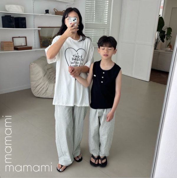 泡泡皺褶直條紋寬長褲 韓國童裝,質感童裝,童裝推薦,韓系風格,男女童裝,韓風穿搭,韓國代購,韓國空運,親子裝,親子褲