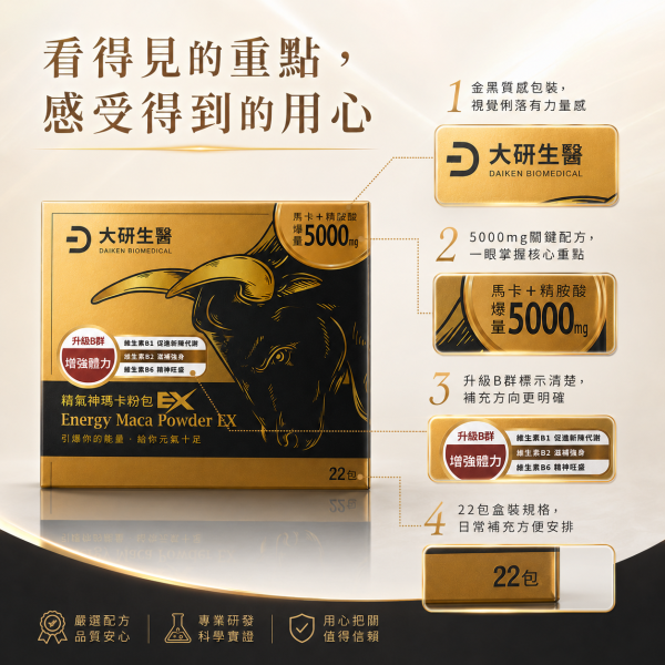 大研生醫 精氣神瑪卡粉包EX (7.4g/22包/盒) 大研生醫瑪卡粉包, 瑪卡粉包EX, 瑪卡粉, 精氣神瑪卡, 男性保健, 精胺酸, 助勃, 提升體力, 增強精力, 保健食品