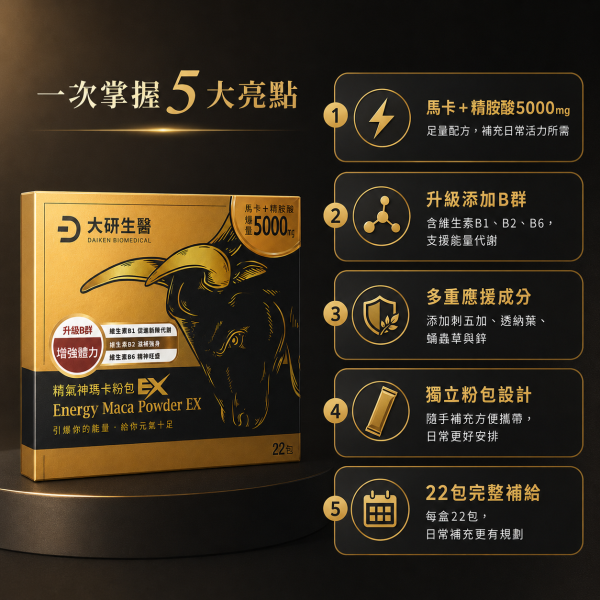 大研生醫 精氣神瑪卡粉包EX (7.4g/22包/盒) 大研生醫瑪卡粉包, 瑪卡粉包EX, 瑪卡粉, 精氣神瑪卡, 男性保健, 精胺酸, 助勃, 提升體力, 增強精力, 保健食品