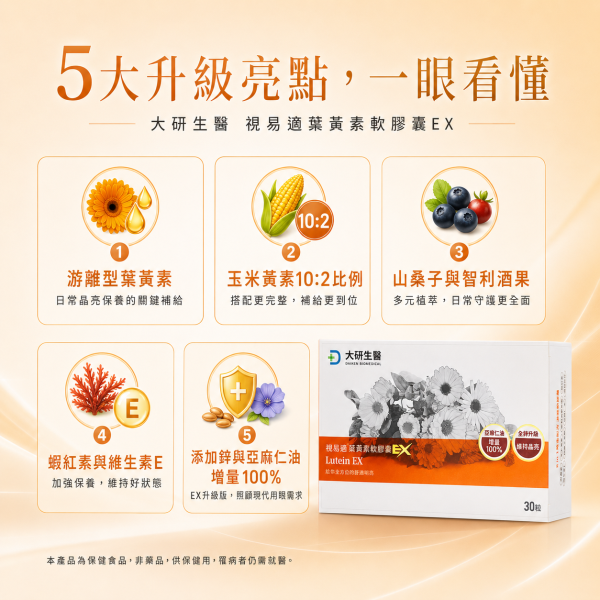 大研生醫 視易適葉黃素軟膠囊EX (30顆/盒) 