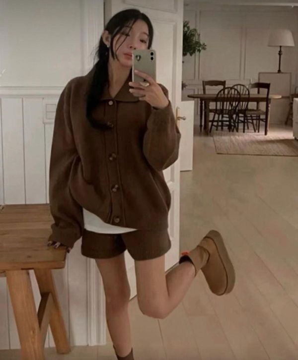 翻領針織短褲套裝 