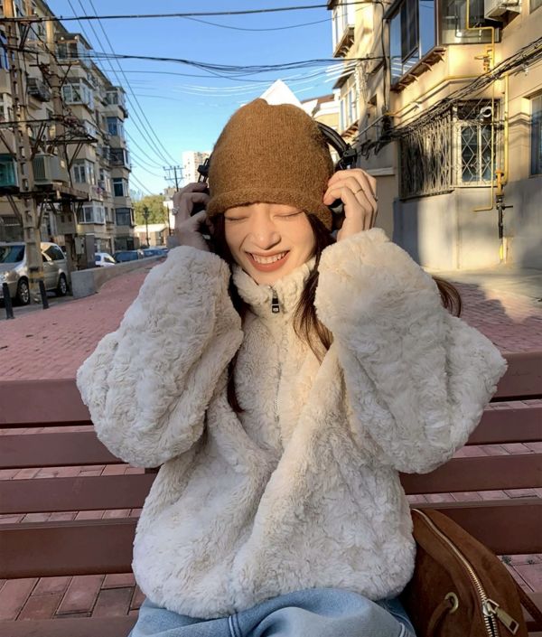 兔絨感拉鍊毛毛外套 