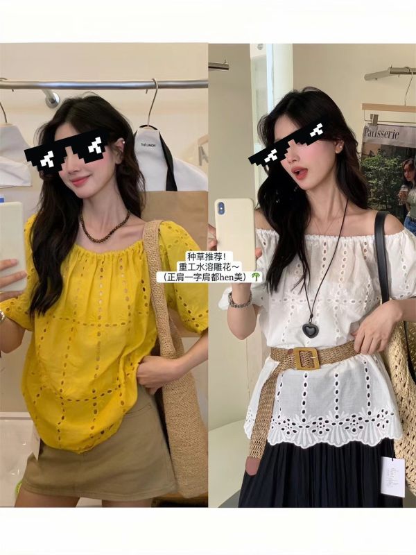 鉤花鏤空一字肩甜美上衣 
