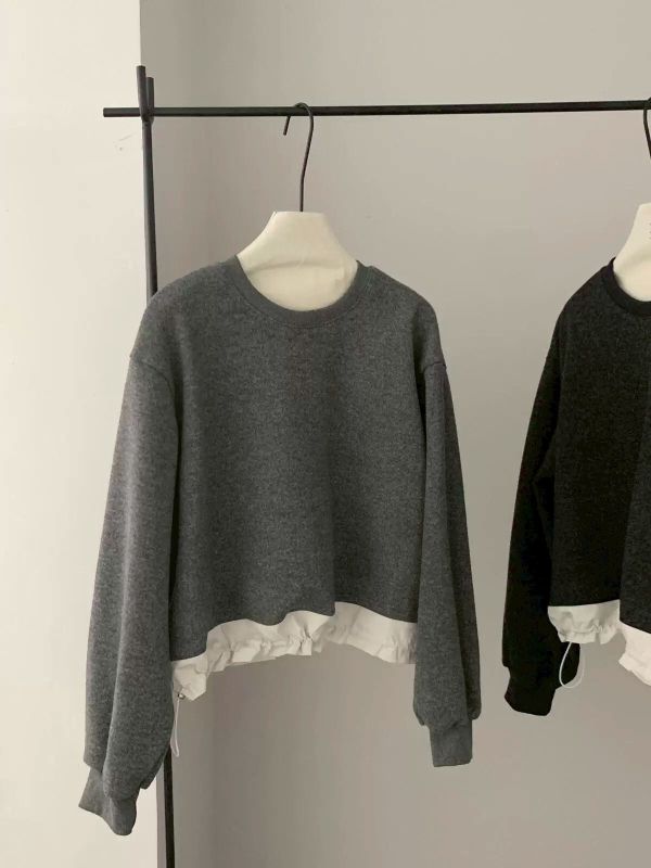 抽繩拼接呢絨短款衛衣 