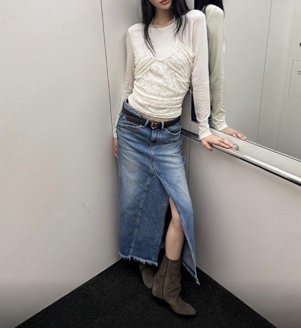 須邊前開叉牛仔裙 