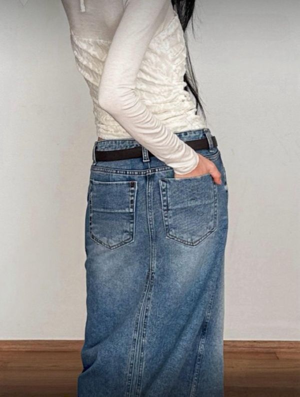 須邊前開叉牛仔裙 