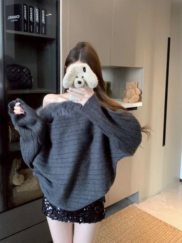 慵懶風針織毛領上衣 