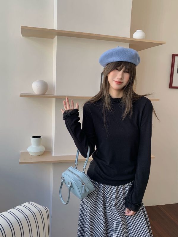 木耳網紗後釦磨毛上衣 