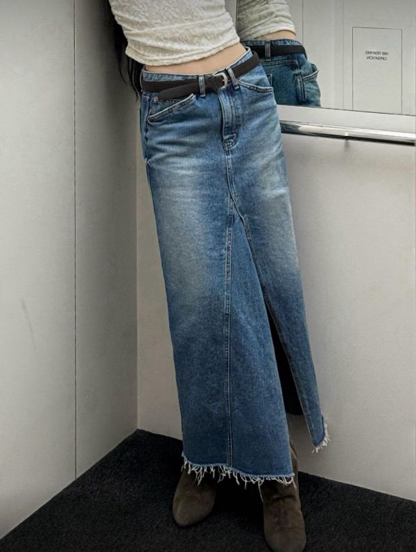 須邊前開叉牛仔裙 