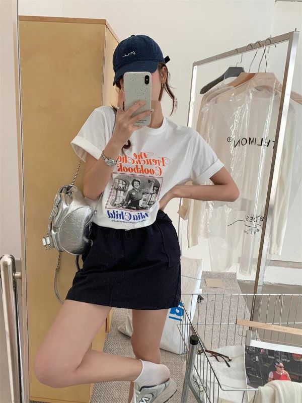 -限量款-美式復古創意寬鬆顯瘦T +防走光工裝半身裙套裝 