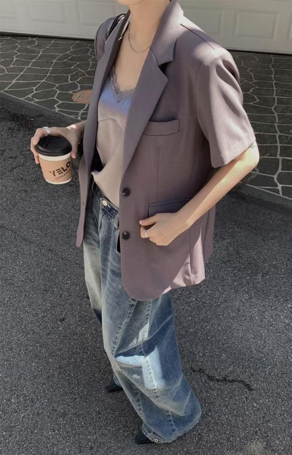 韓系高級感綁帶短袖西裝外套 