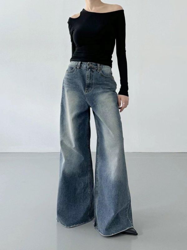 刷色高腰顯瘦落地褲 