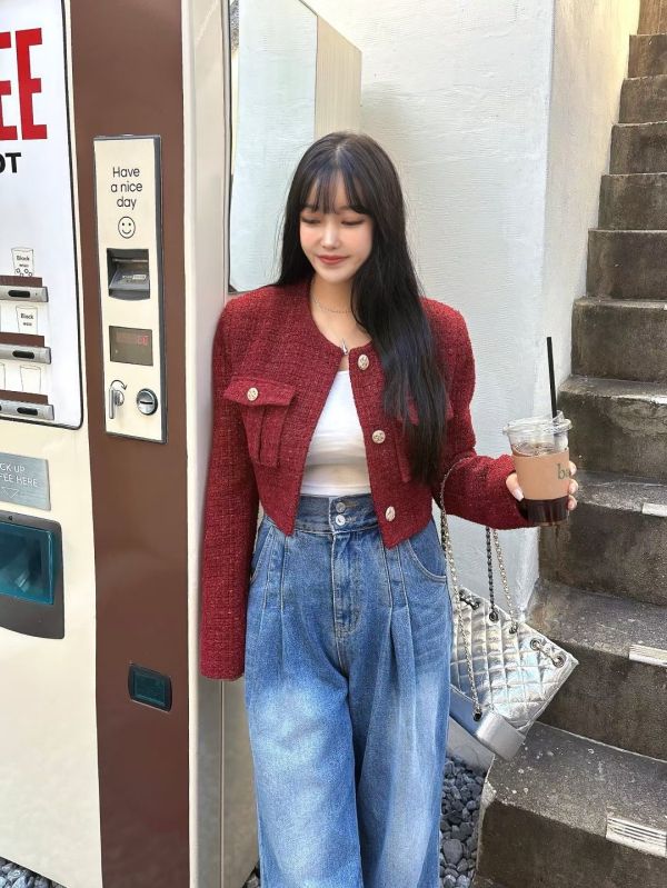 金扣粗花呢短版外套 