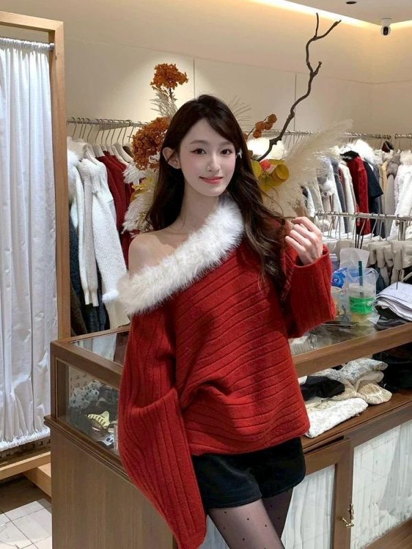 慵懶風針織毛領上衣 