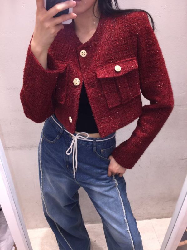 金扣粗花呢短版外套 