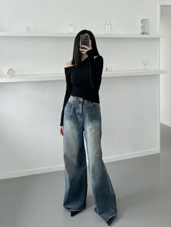 刷色高腰顯瘦落地褲 