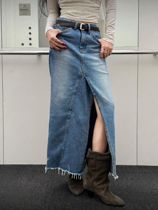 須邊前開叉牛仔裙 