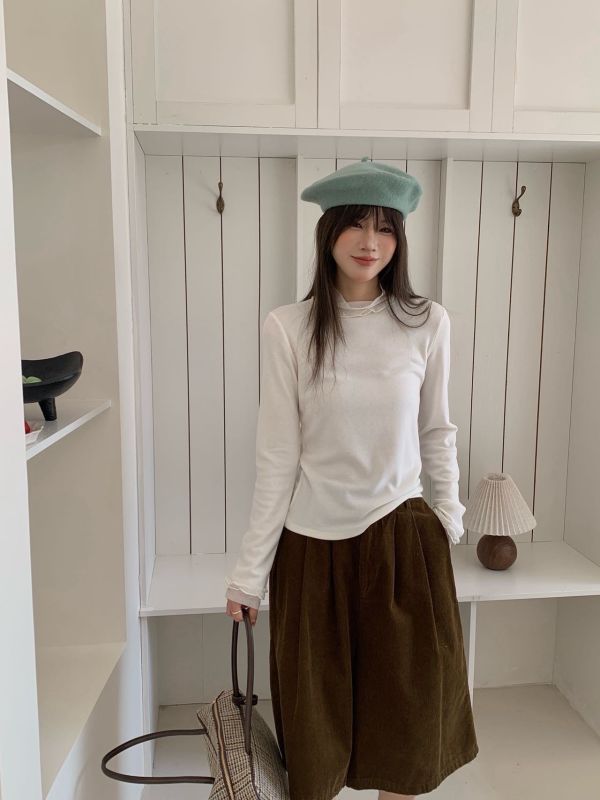 木耳網紗後釦磨毛上衣 