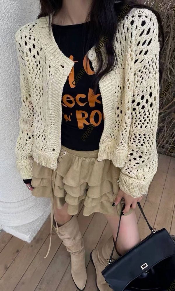 歐美感鏤空編織針織開衫 