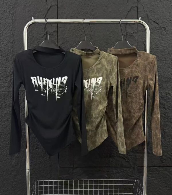 刷舊字母修身長袖T 