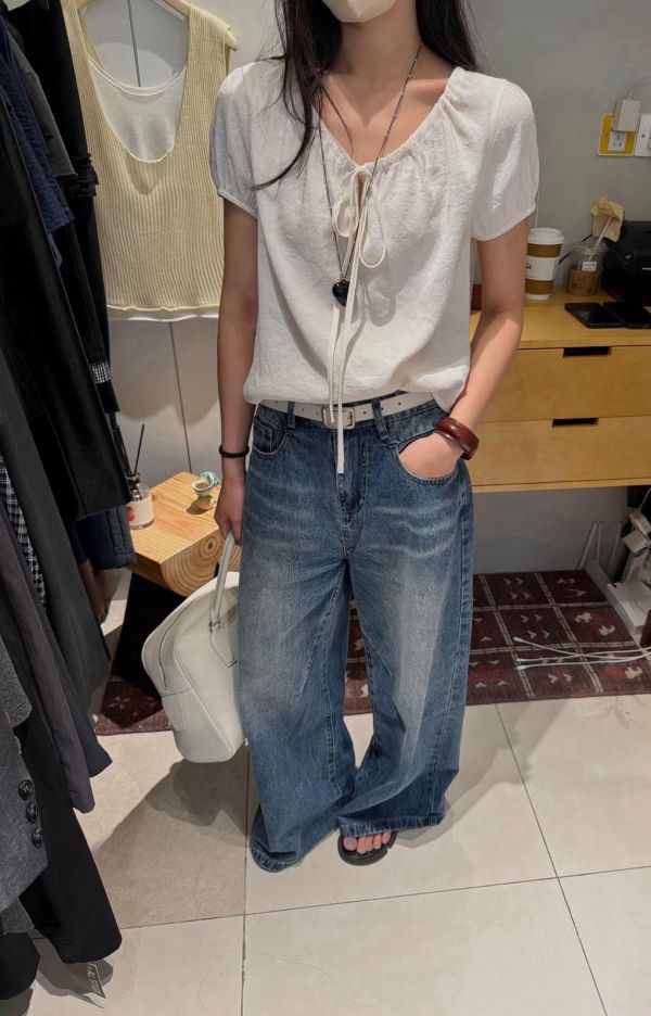 天絲圓領綁帶上衣 