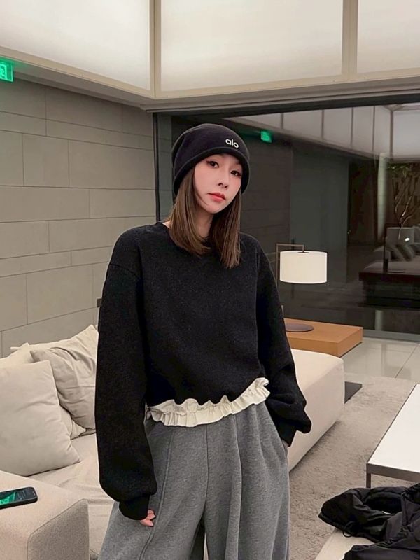 抽繩拼接呢絨短款衛衣 