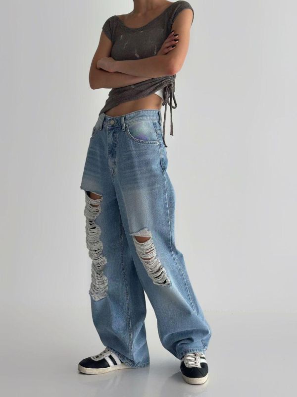 刷破水洗高腰牛仔褲｜顯瘦百搭款 