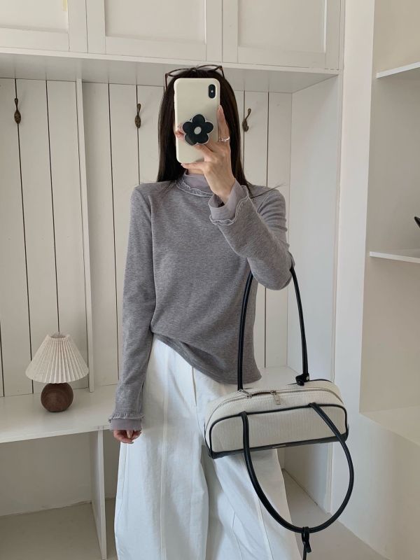 木耳網紗後釦磨毛上衣 