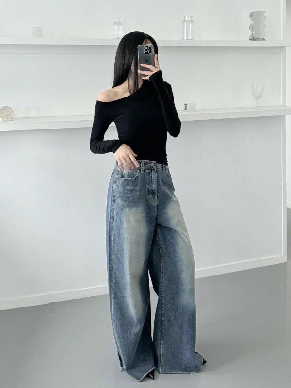 刷色高腰顯瘦落地褲 