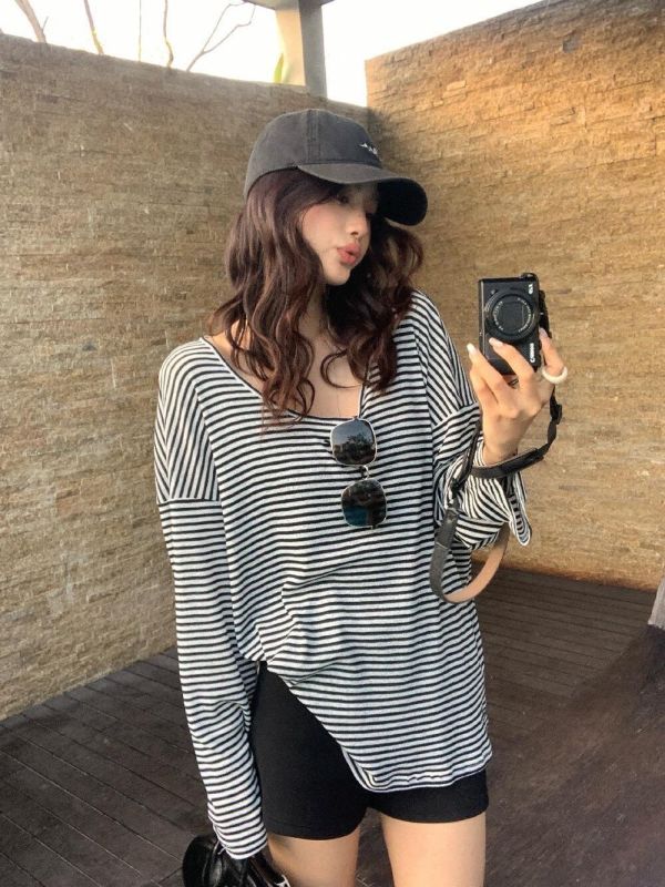 大V領條紋防曬上衣｜顯瘦・韓系百搭款 