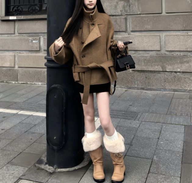 冷調剪裁腰帶短大衣 